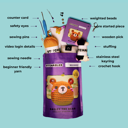 Bailey Bear Crochet Kit everything included, yarn, hook, prestarted piece, stitch markers, stuffing, needles, instructions, needles and more. 
